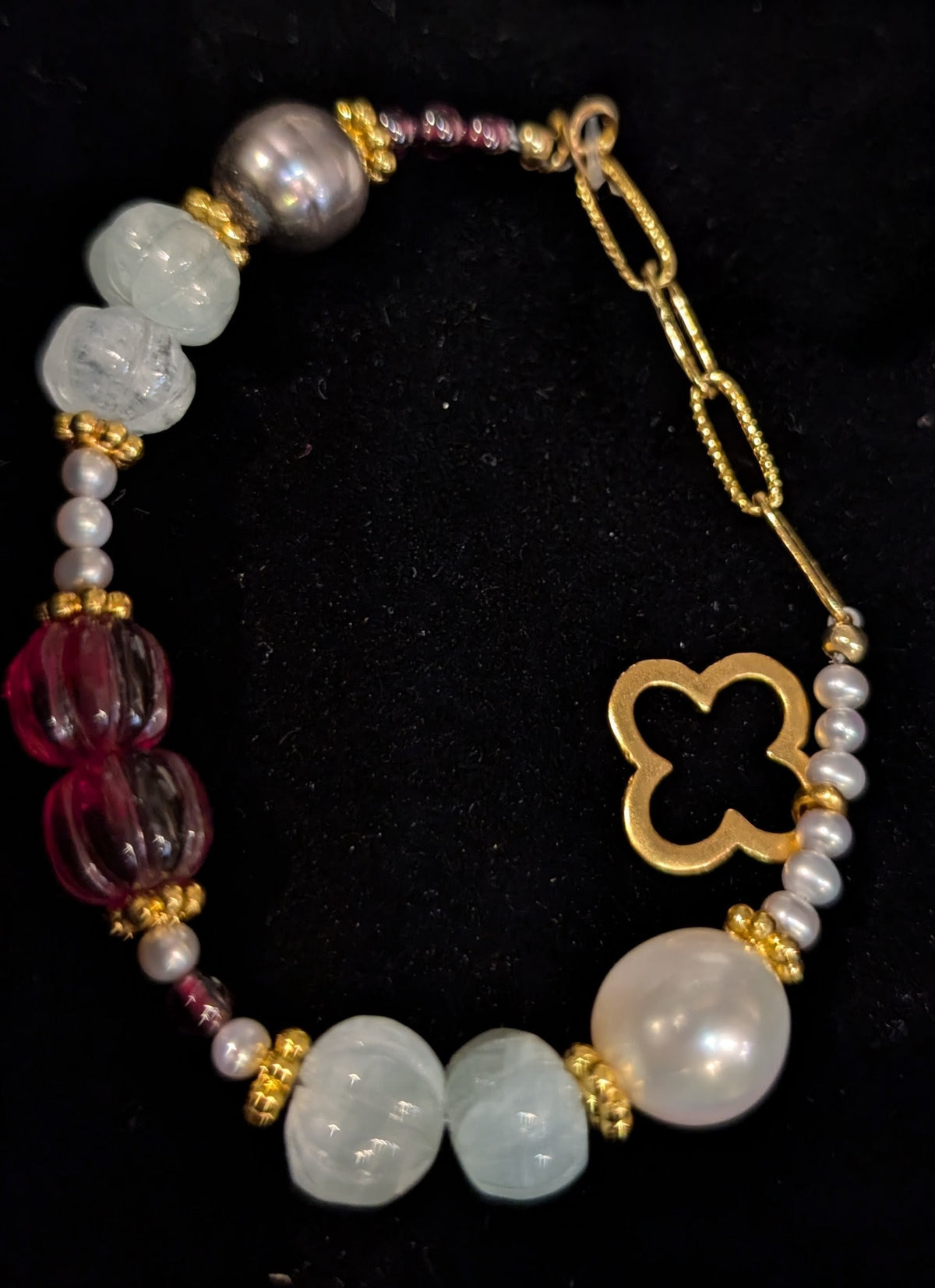 Pearl, Aquamarine, glass, vermeil Bracelet